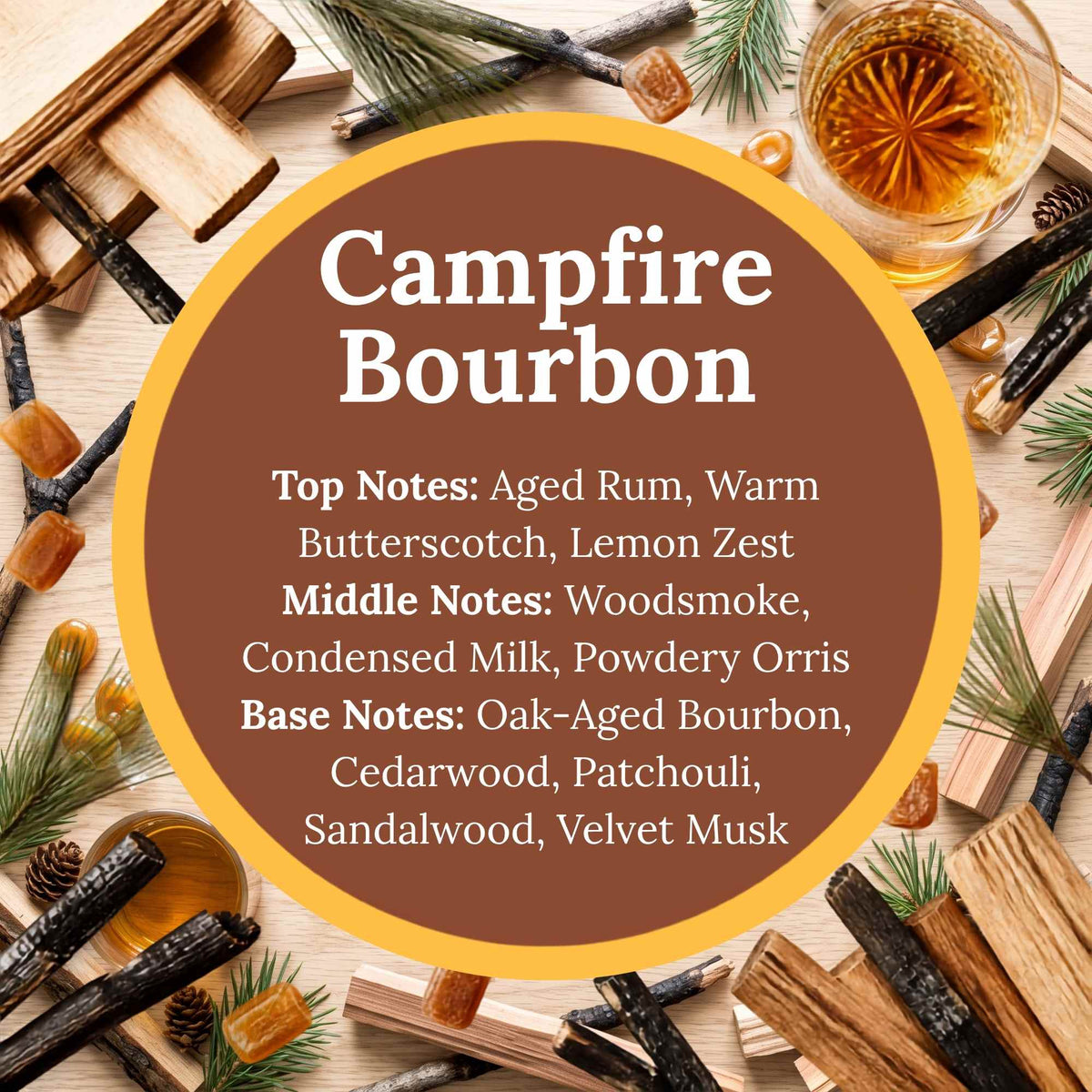 A circular graphic labeled 'Campfire Bourbon' with a list of fragrance notes, surrounded by styled warm-toned props including wood chips, cinnamon sticks, pine needles, a glass of amber liquid, and a sugar cube on a light wood surface.