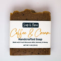 Handcrafted soap bar with 'Coffee & Cream' label on a white background