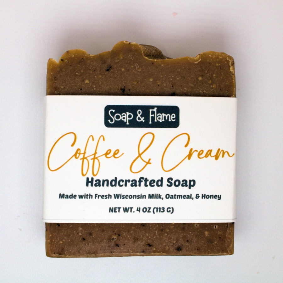 Handcrafted soap bar with 'Coffee & Cream' label on a white background