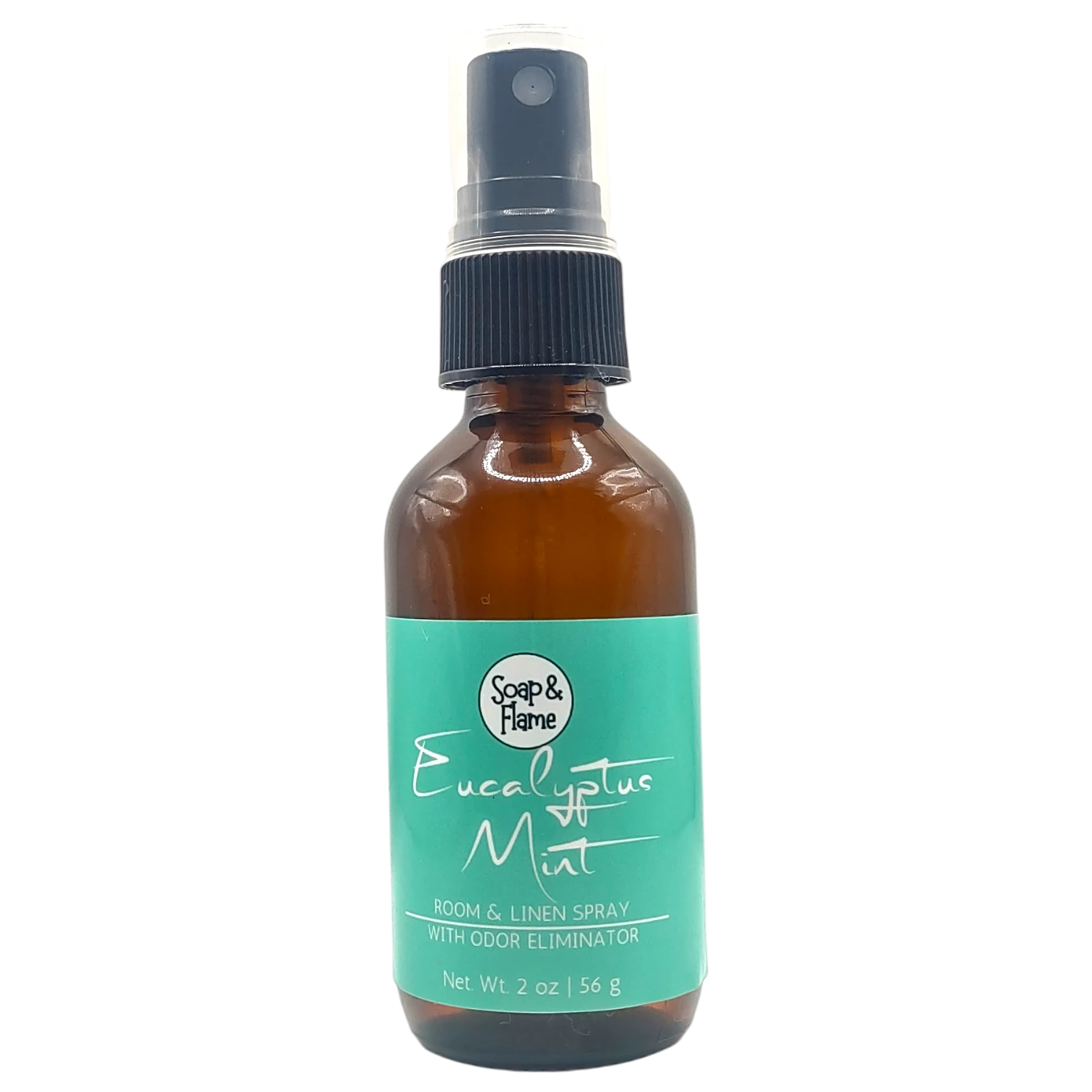 Brown spray bottle with a teal label on a white background of Eucalyptus and Mint Room and Linen Spray