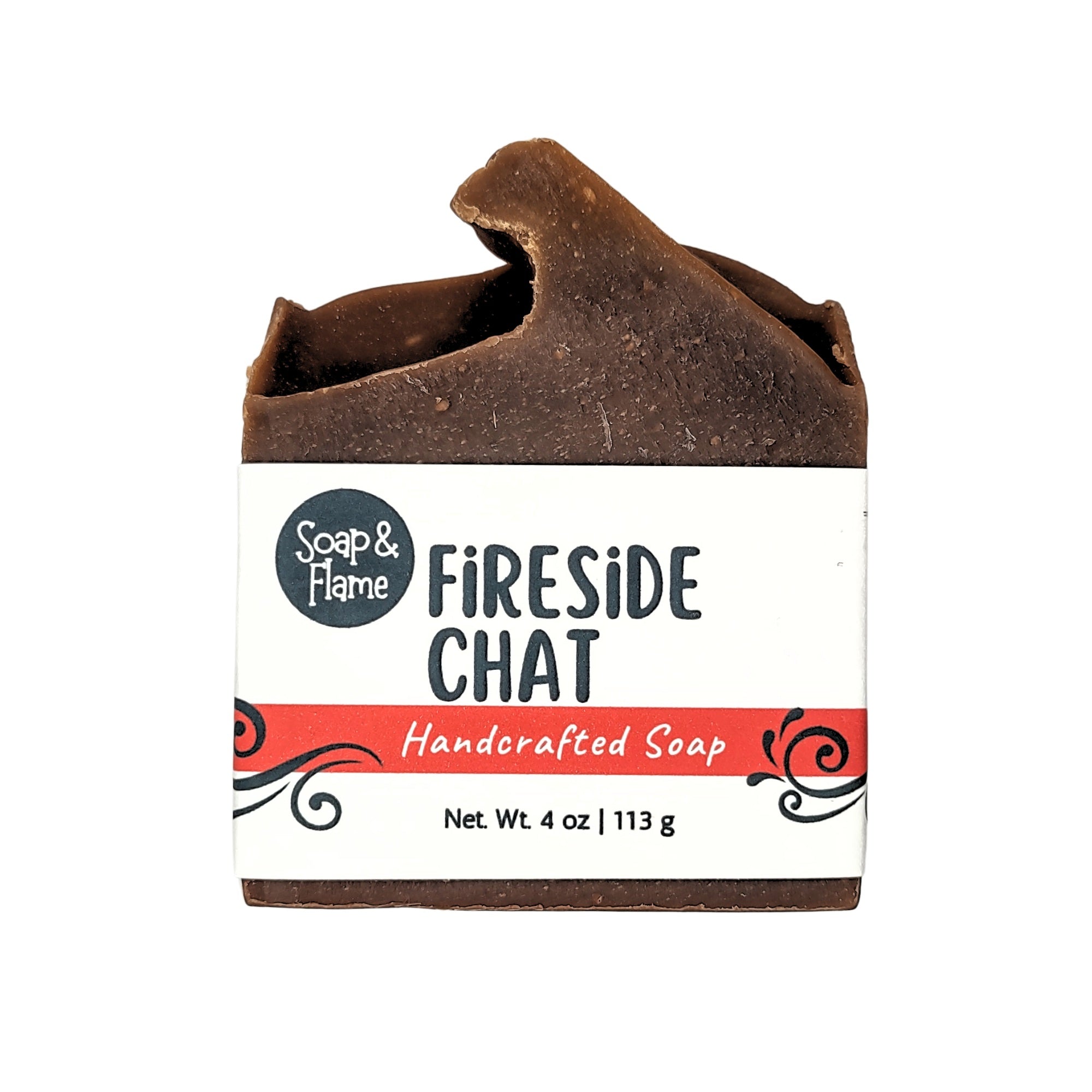 bar of soap named fireside chat with a mostly white label on a white background