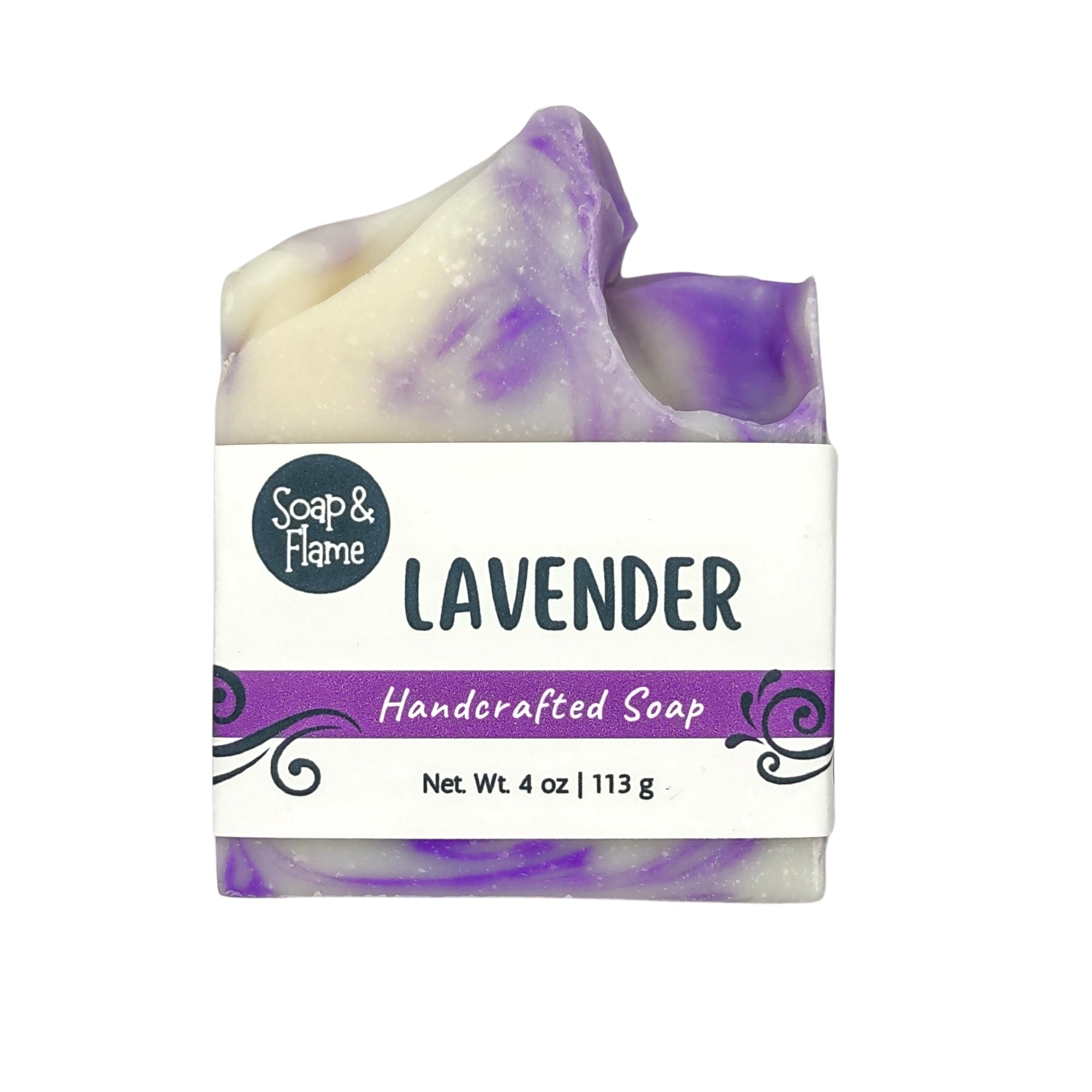 Handcrafted lavender soap bar with a visible brand label on a white background