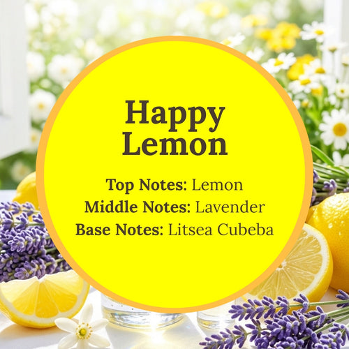 happy lemon infographic: lemon and lavender, litsea cubeba essential oils 