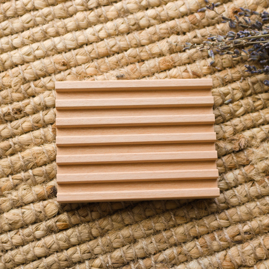 red alder wooden slatted and elevated soap dish from the top