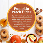 A flat-lay graphic for Pumpkin Patch Cider, featuring a central brown circle with scent notes, surrounded by autumn ingredients including a pumpkin, apples, cinnamon sticks, star anise, and sugar-coated donuts on a white wood background.