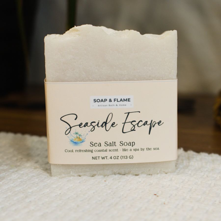 Bar of soap with 'Seaside Escape' label on a textured surface