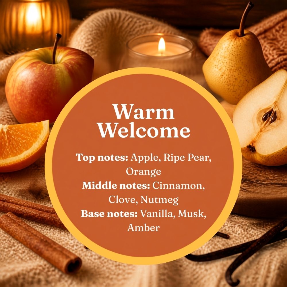 Warm Welcome scent infographic: top notes of apple, pear, and orange; middle notes of cinnamon, clove, and nutmeg; base notes of vanilla and amber, over a flat-lay of fall fruit and warm spices.