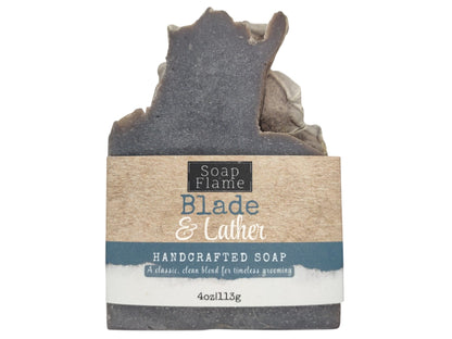 blade and lather black barbershop bath soap with label 