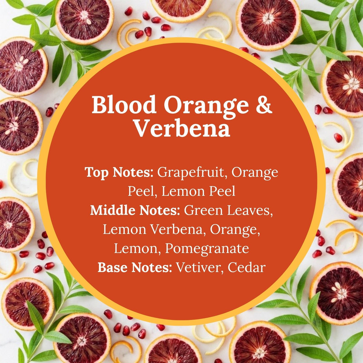 Blood Orange & Verbena scent infographic: top notes of grapefruit, orange peel, and lemon peel; middle notes of green leaves, lemon verbena, orange, lemon, and pomegranate; base notes of vetiver and cedar, over a bright citrus flat-lay.