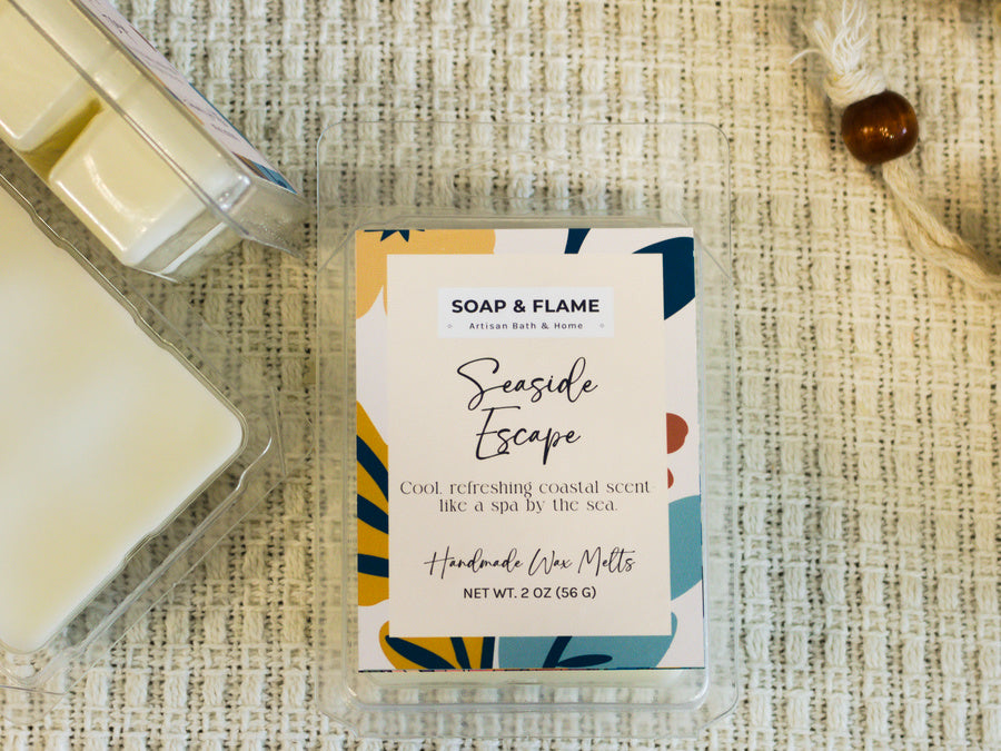 Seaside Escape wax melt in a clamshell