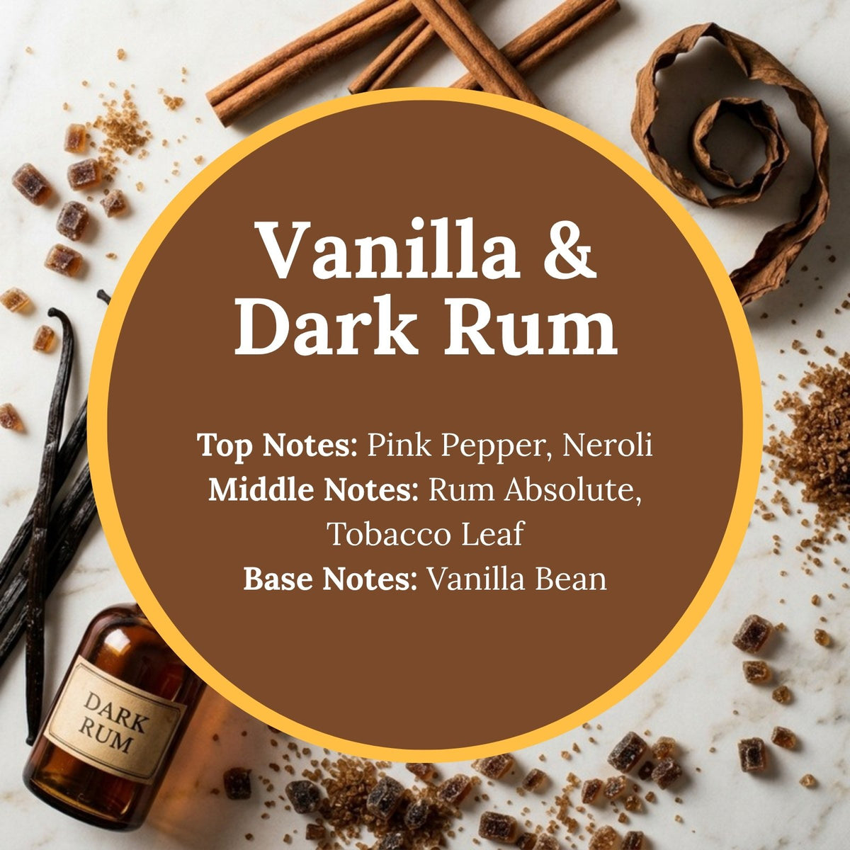 Vanilla & Dark Rum scent infographic: top notes of pink pepper and neroli; middle notes of rum absolute and tobacco leaf; base note of vanilla bean, over a warm flat-lay of a dark rum bottle, cinnamon sticks, and vanilla-toned botanicals.